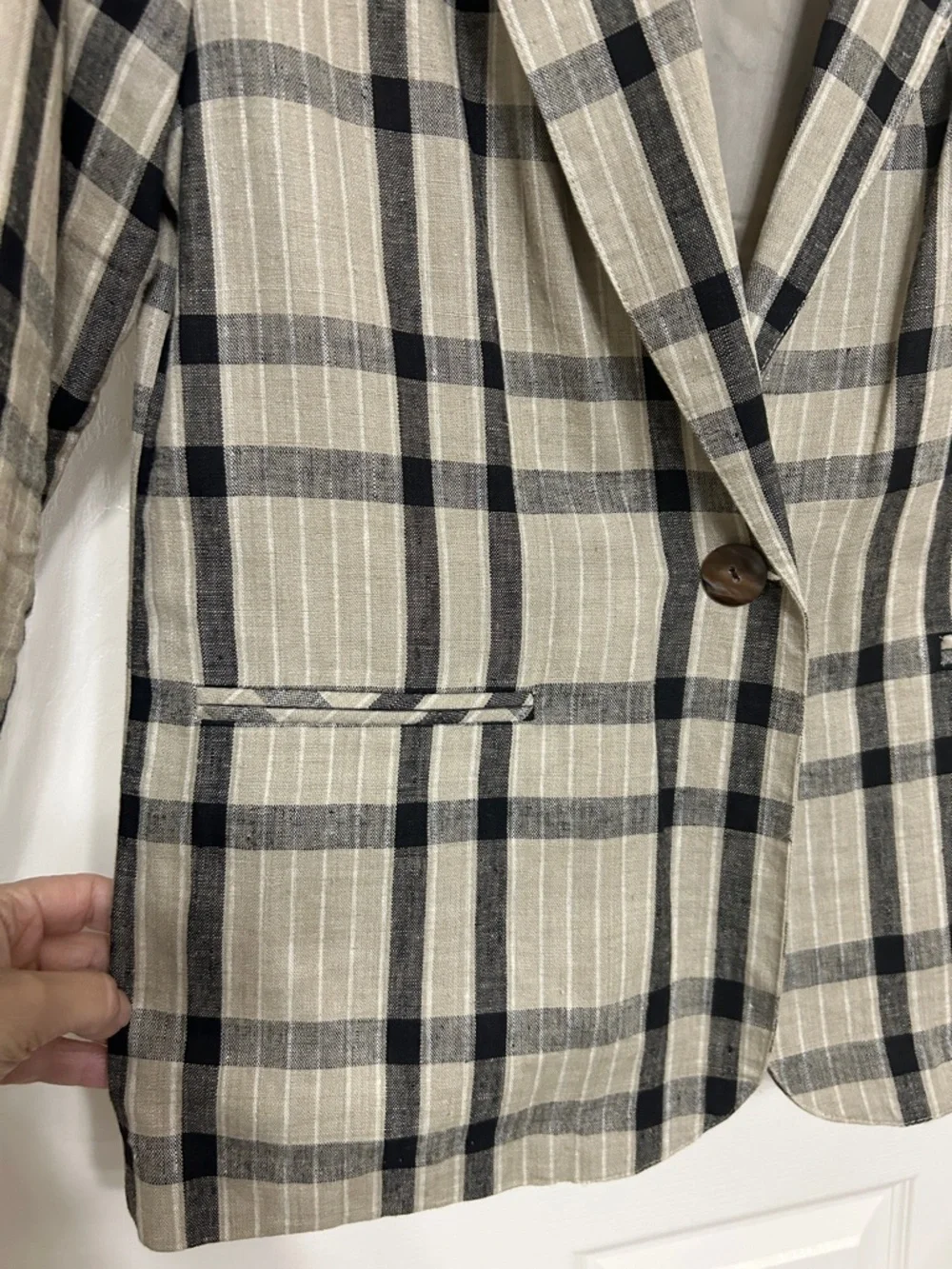 Laura Gayle Linen Black and Tan Plaid Single-Button Blazer Lightweight Summer - Picture 6 of 15